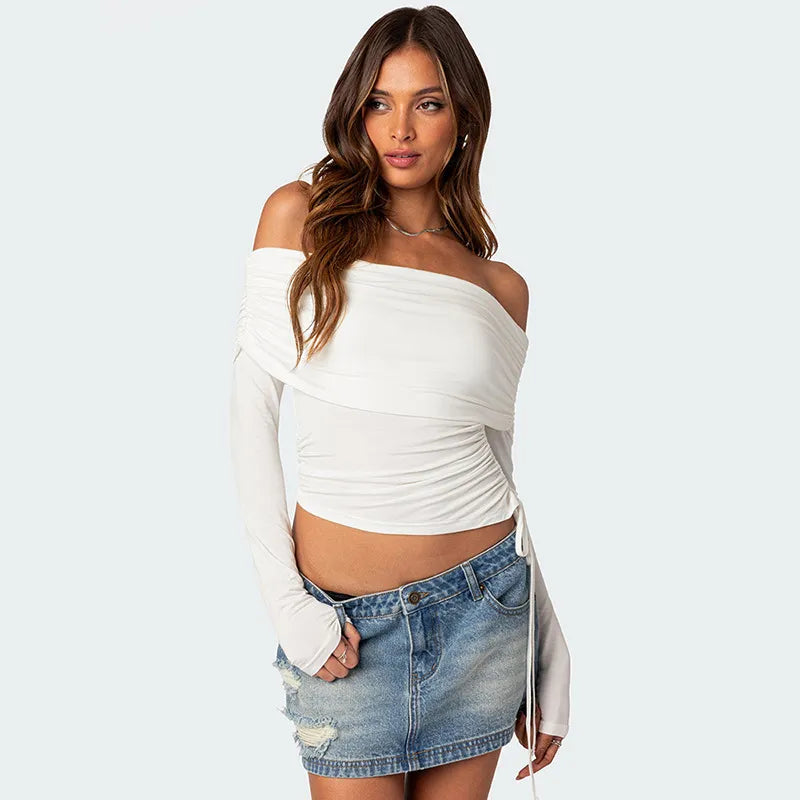 Top in Cotone Elasticizzato con Spalle Scoperte e Pieghe Laterali con Dettaglio Fruncito