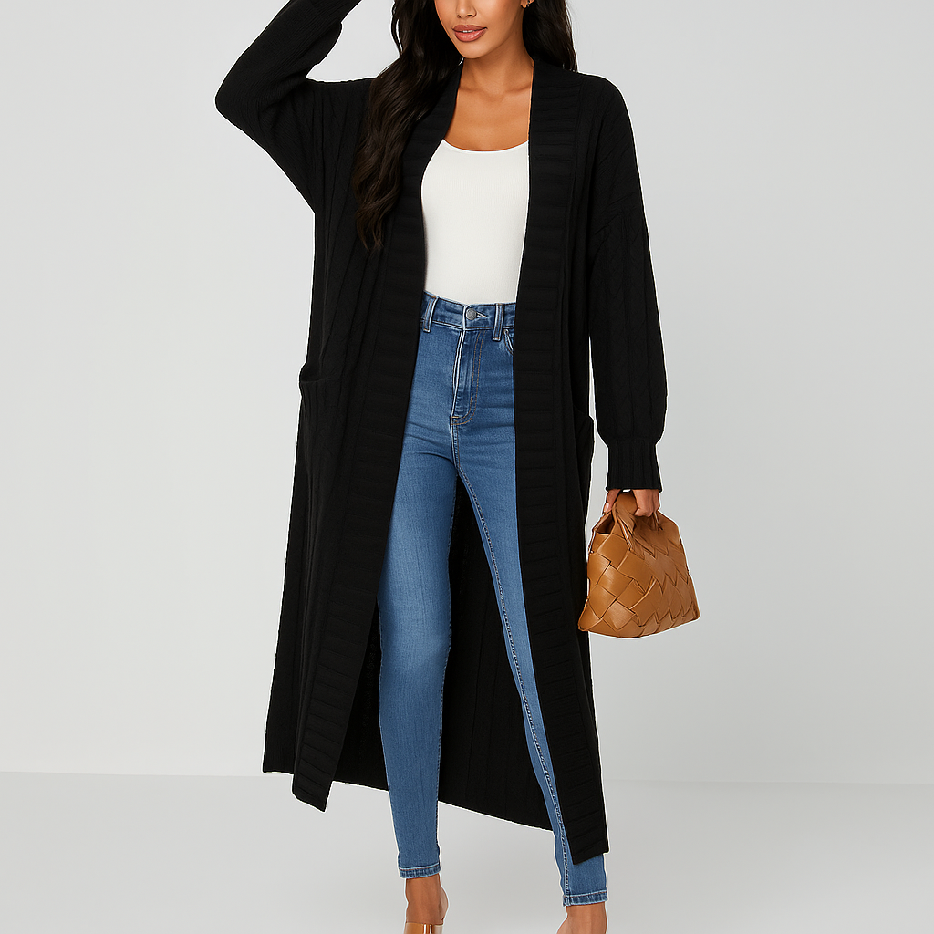 Cardigan Lungo da Donna in Maglia con Motivo Intrecciato Elegante e Versatile per Stratificazione