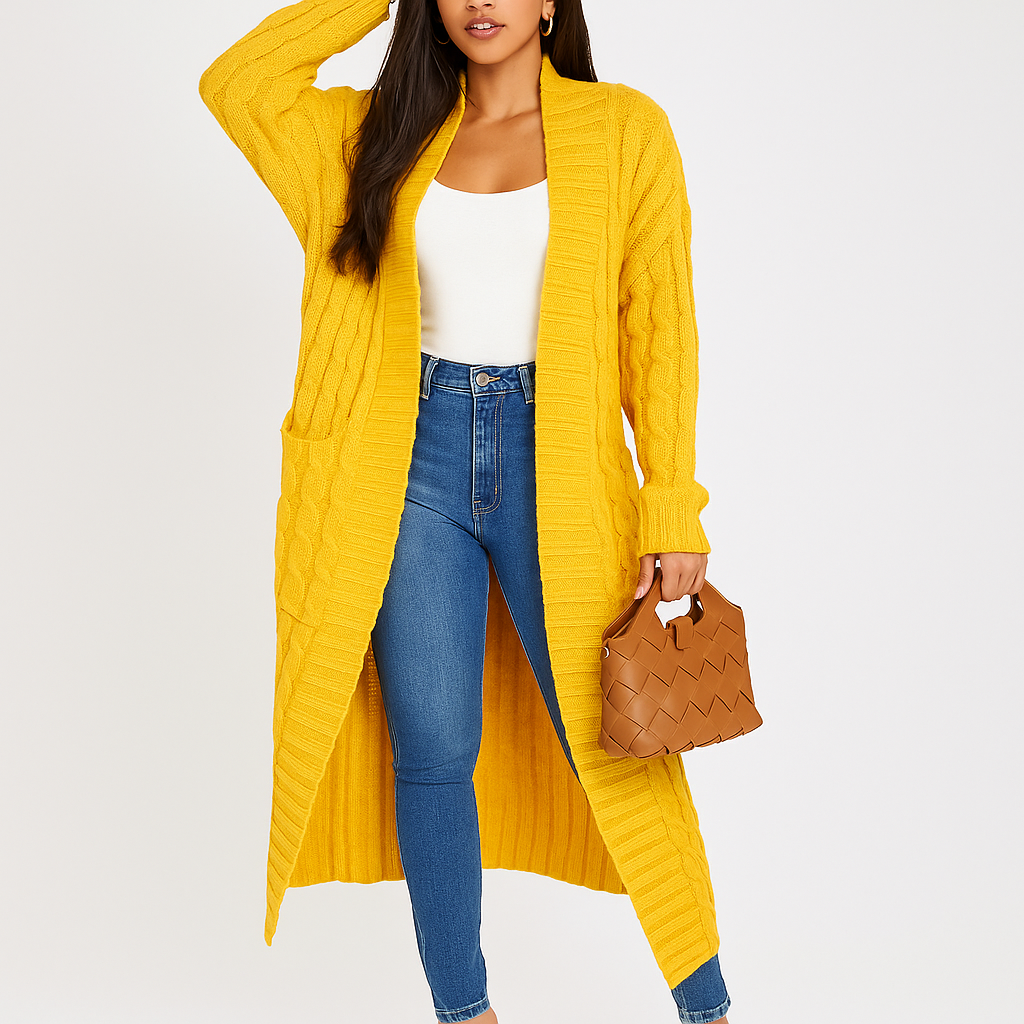 Cardigan Lungo da Donna in Maglia con Motivo Intrecciato Elegante e Versatile per Stratificazione