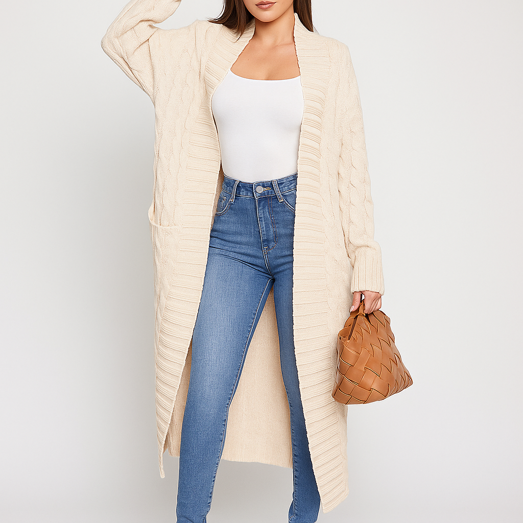 Cardigan Lungo da Donna in Maglia con Motivo Intrecciato Elegante e Versatile per Stratificazione