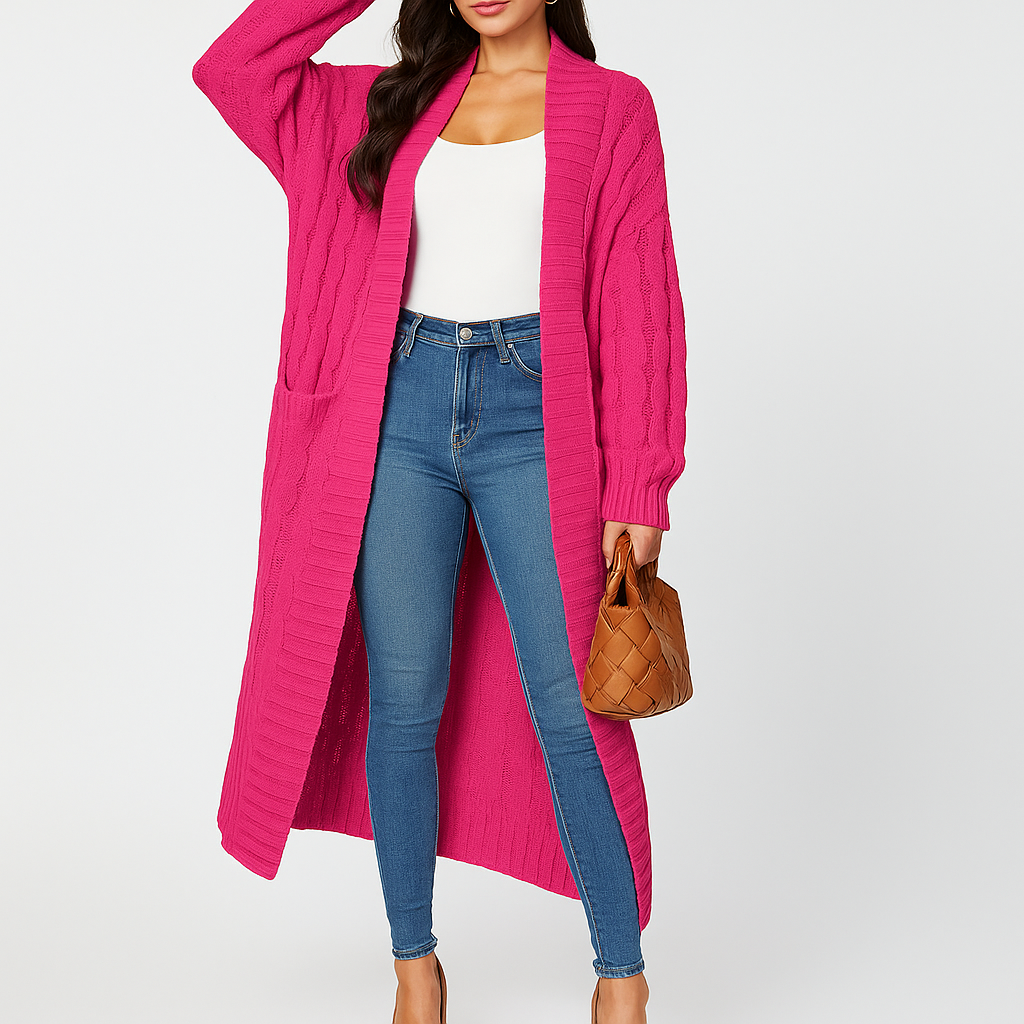 Cardigan Lungo da Donna in Maglia con Motivo Intrecciato Elegante e Versatile per Stratificazione