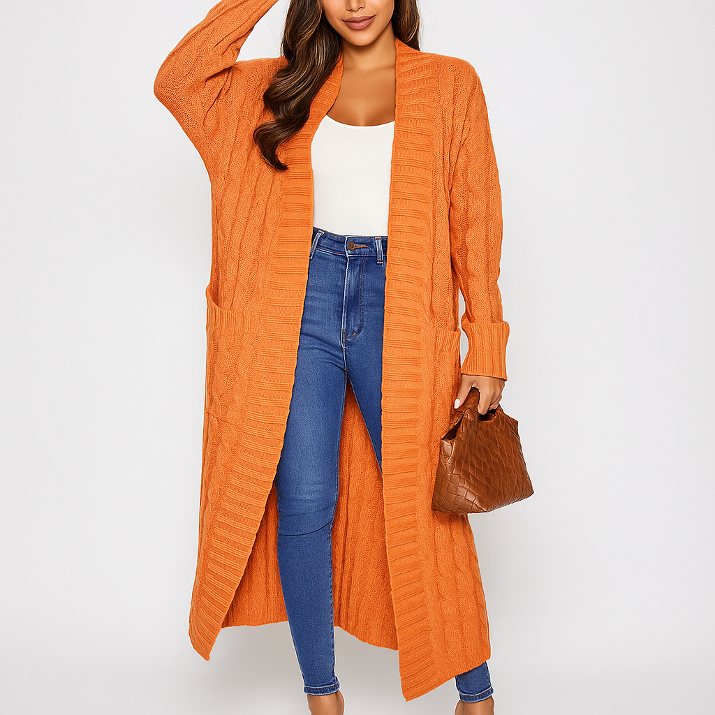 Cardigan Lungo da Donna in Maglia con Motivo Intrecciato Elegante e Versatile per Stratificazione