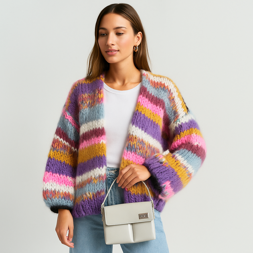 Cardigan da Donna in Punto Spugna Morbido senza Chiusure con Maniche a Sbuffo e Taglio Oversize Dritto