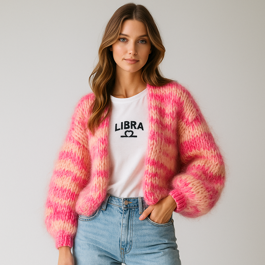 Cardigan da Donna in Punto Spugna Morbido senza Chiusure con Maniche a Sbuffo e Taglio Oversize Dritto