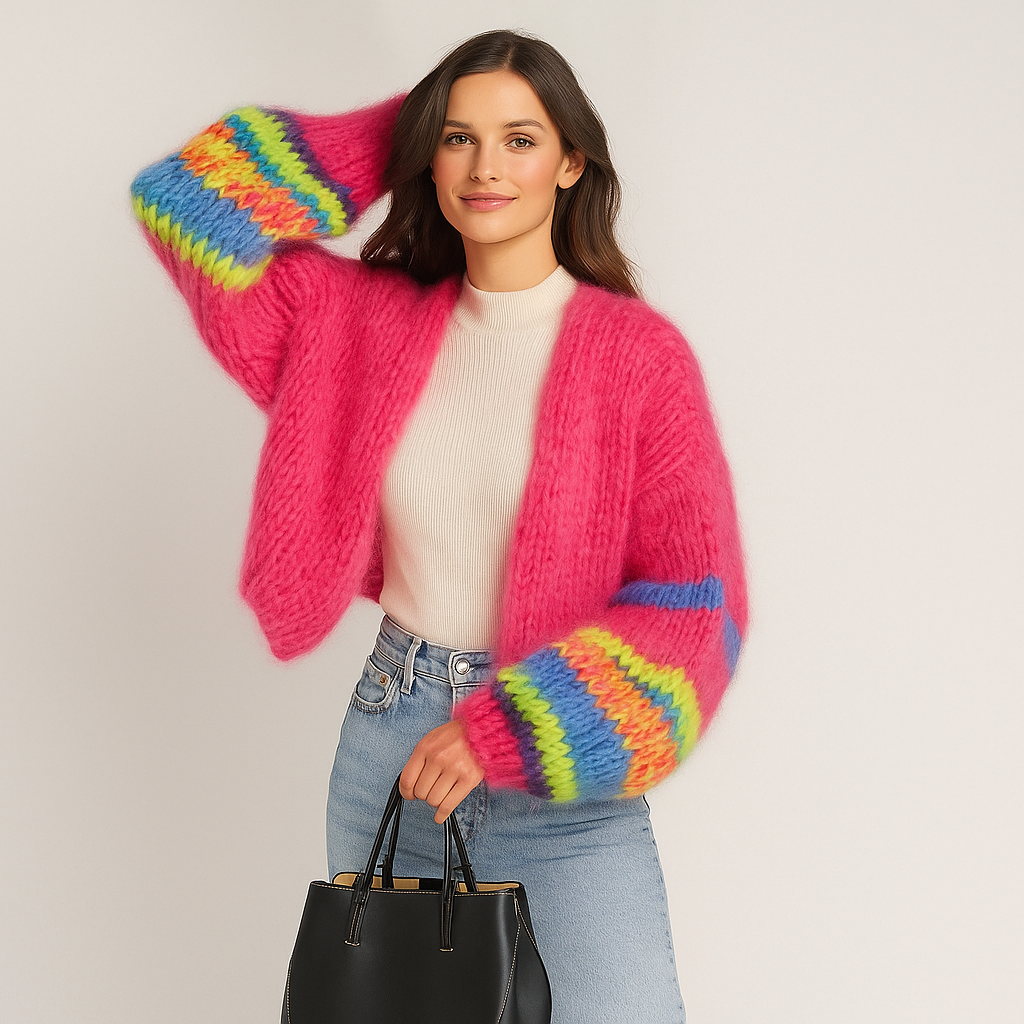 Cardigan da Donna in Punto Spugna Morbido senza Chiusure con Maniche a Sbuffo e Taglio Oversize Dritto