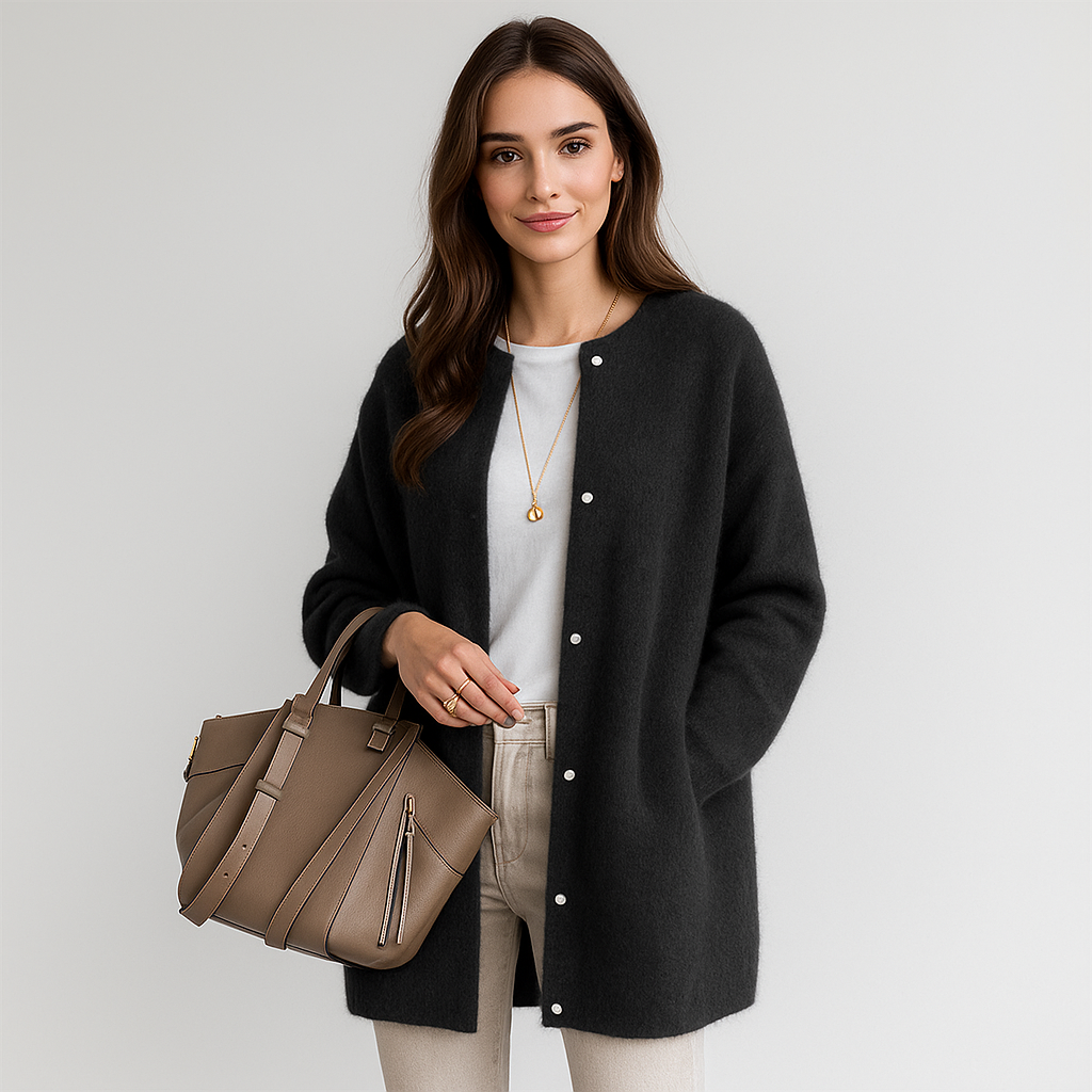 Cardigan Lungo da Donna in Maglia Morbida a Trama Fine e Calda con Apertura Frontale Minimale