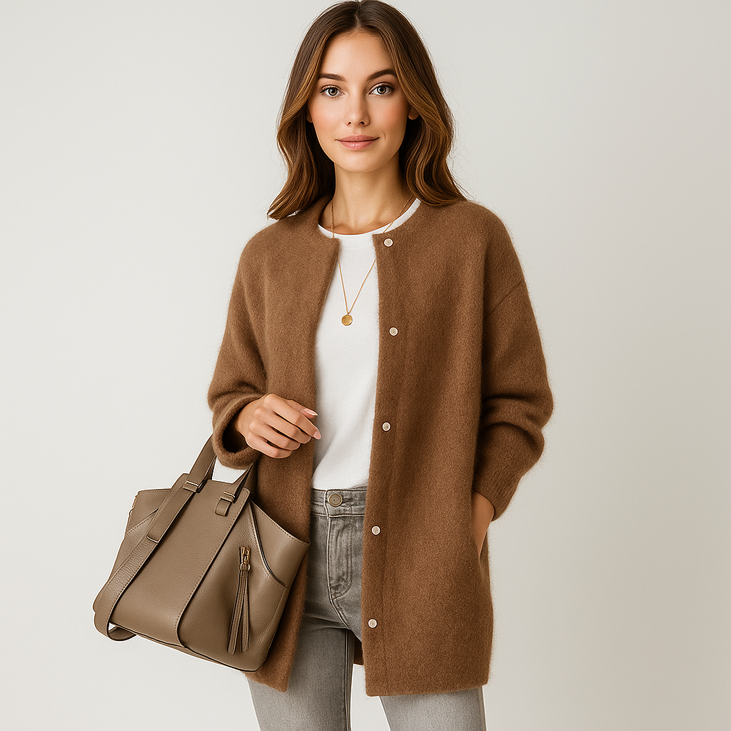 Cardigan Lungo da Donna in Maglia Morbida a Trama Fine e Calda con Apertura Frontale Minimale