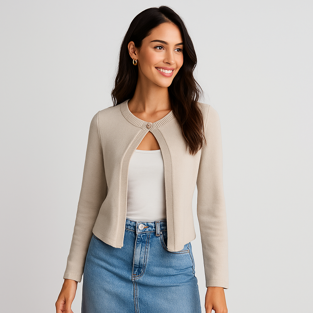 Cardigan Donna in Tessuto Misto Elasticizzato con Dettaglio Frontale a Bottone Singolo