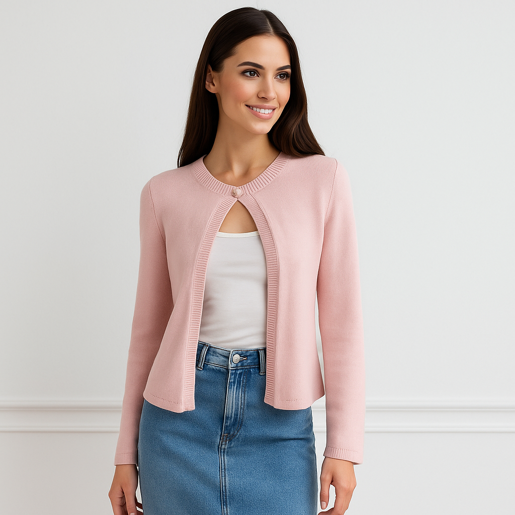 Cardigan Donna in Tessuto Misto Elasticizzato con Dettaglio Frontale a Bottone Singolo