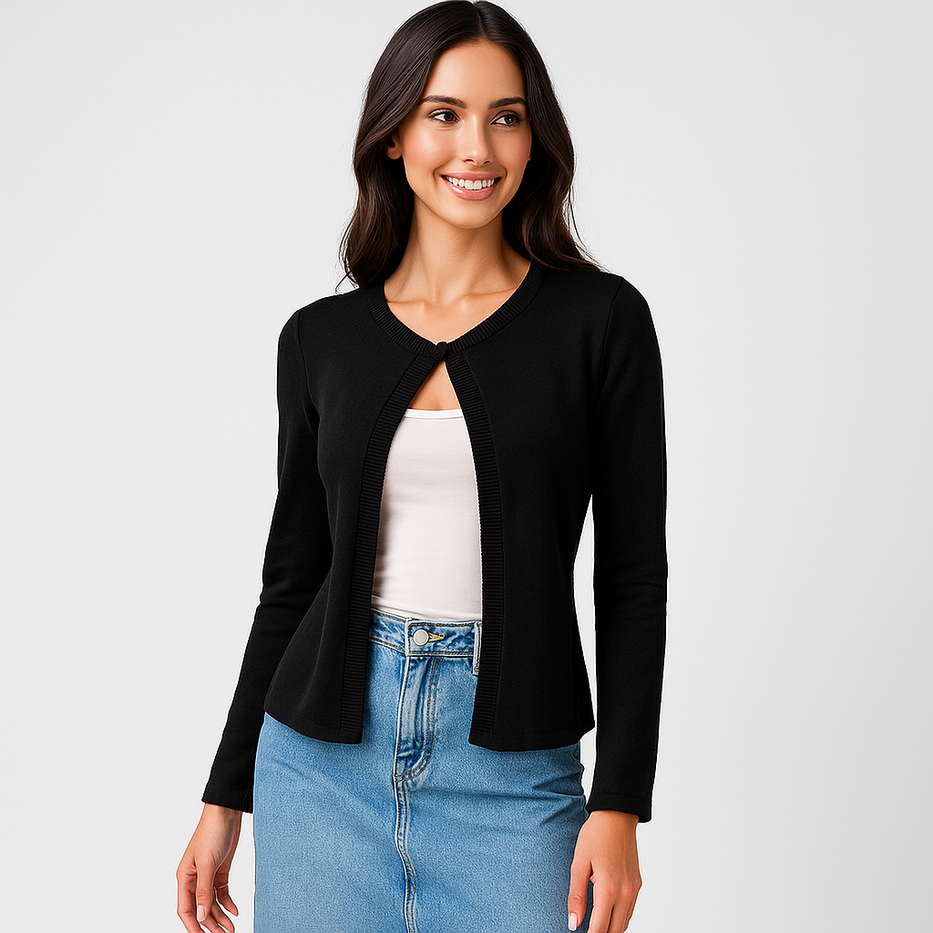 Cardigan Donna in Tessuto Misto Elasticizzato con Dettaglio Frontale a Bottone Singolo