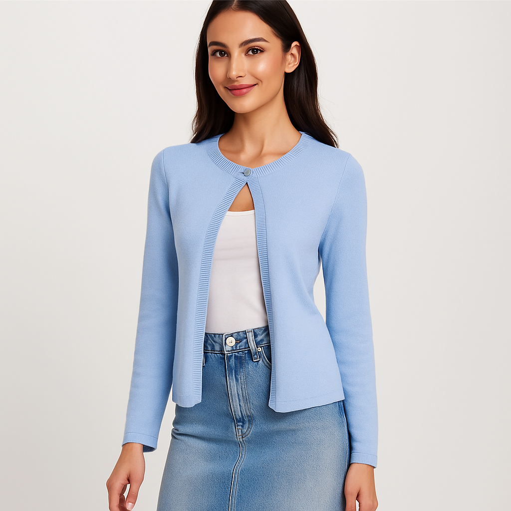 Cardigan Donna in Tessuto Misto Elasticizzato con Dettaglio Frontale a Bottone Singolo