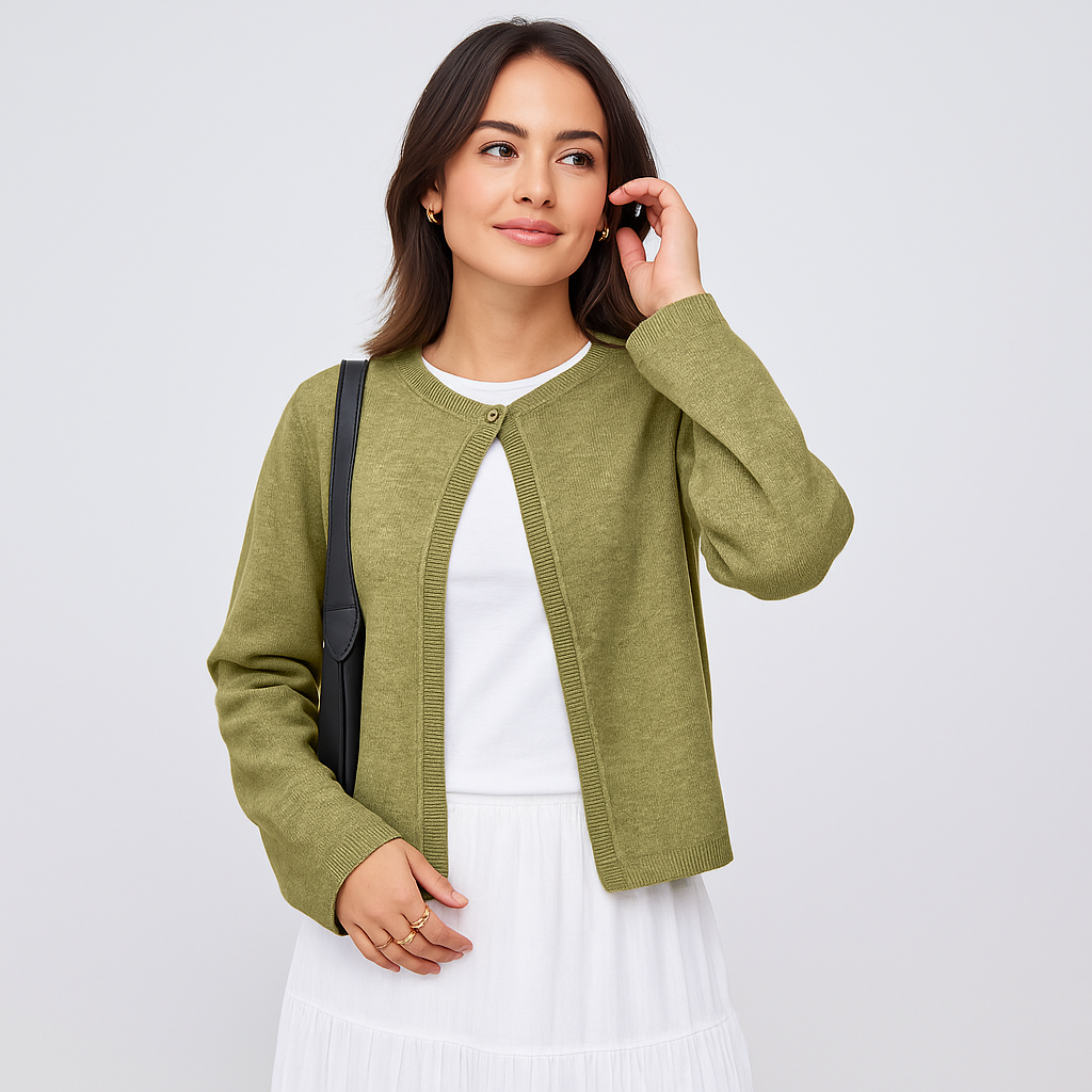 Cardigan Donna in Tessuto Misto Elasticizzato con Dettaglio Frontale a Bottone Singolo