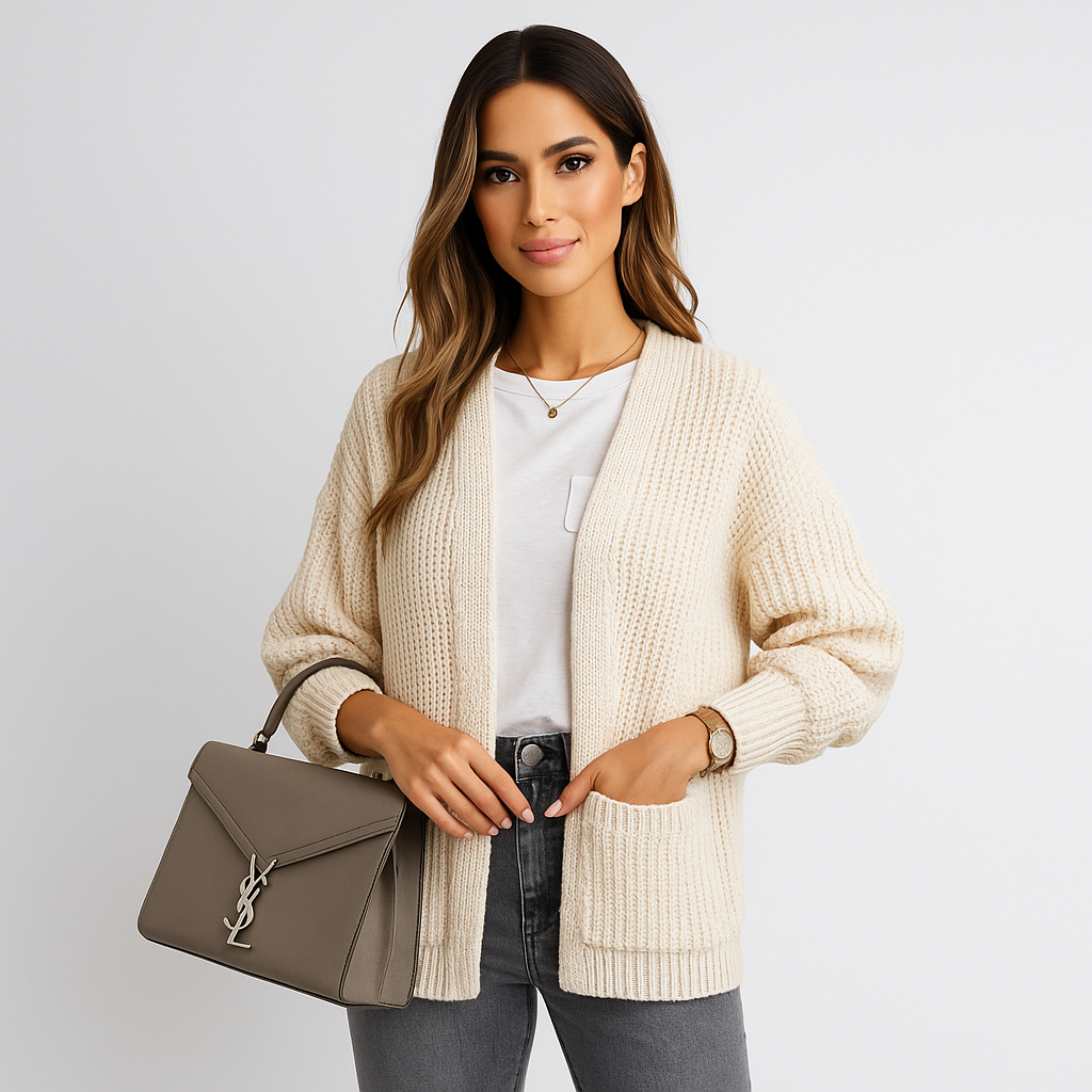 Cardigan in Punto Spesso con Tasche Frontali, Modello Aperto e Taglio Dritto, Ideale per Layering Quotidiano