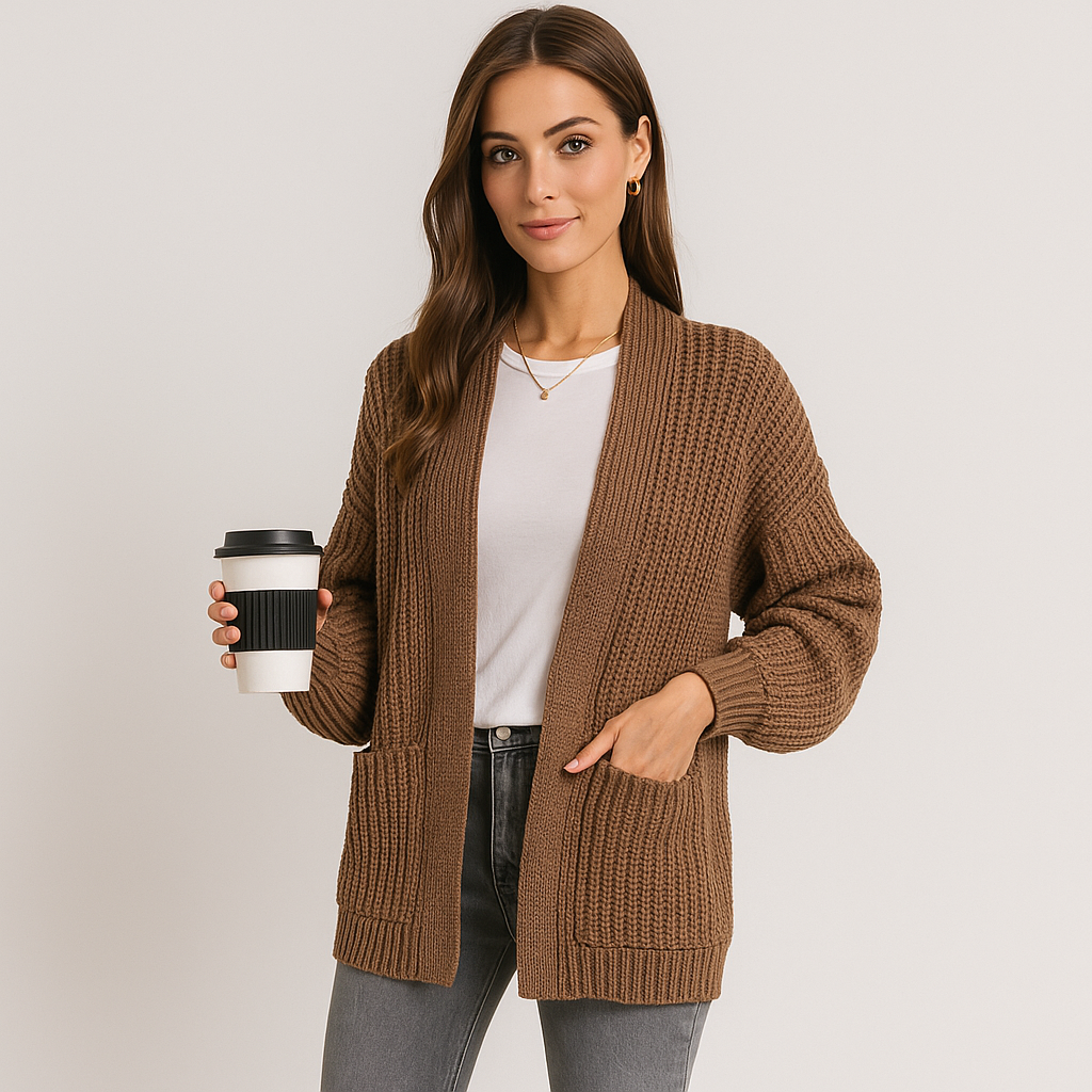 Cardigan in Punto Spesso con Tasche Frontali, Modello Aperto e Taglio Dritto, Ideale per Layering Quotidiano