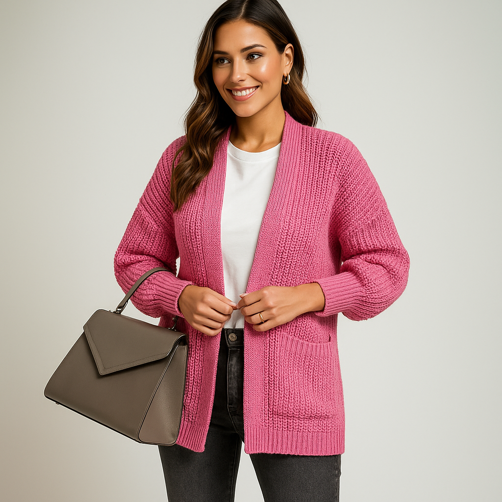 Cardigan in Punto Spesso con Tasche Frontali, Modello Aperto e Taglio Dritto, Ideale per Layering Quotidiano
