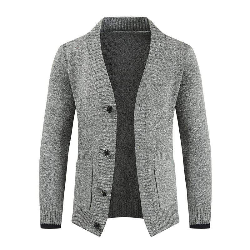 Cardigan in Maglia con Collo Scialle e Bottoni Frontali Rifiniti a Coste e Cuciture Robuste