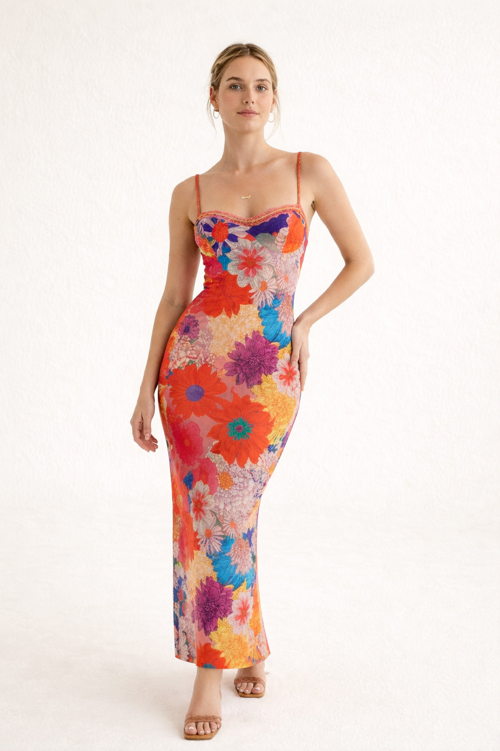 Abito Maxi Floreale Donna Spalline Sottili Taglio Aderente – Lirenne