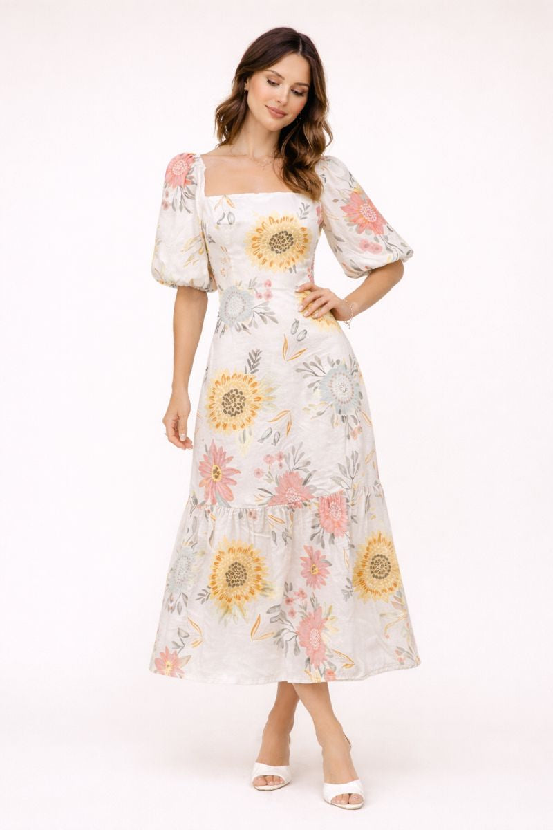 Abito Midi Donna Floreale Scollo Quadrato Maniche a Sbuffo Evasé – Miry