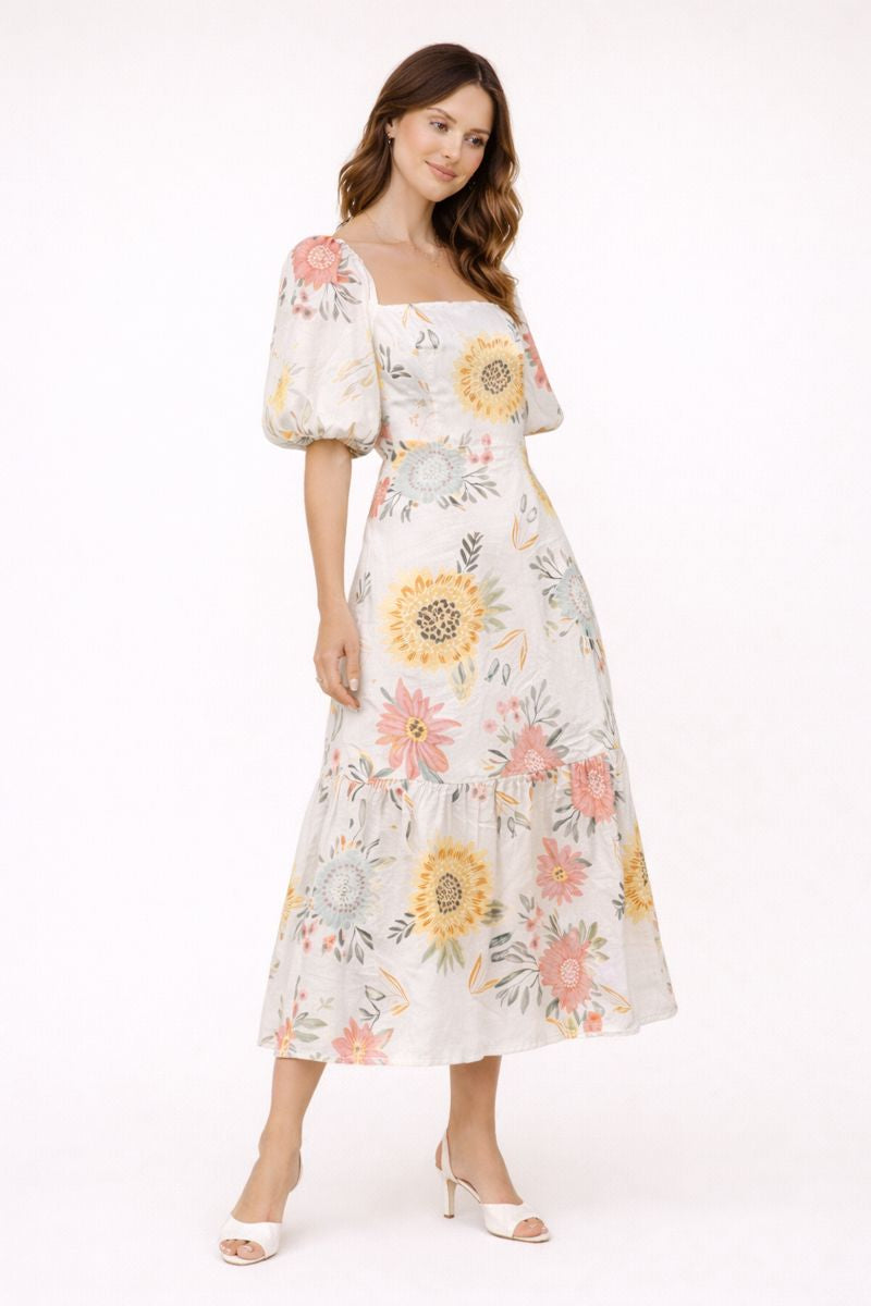 Abito Midi Donna Floreale Scollo Quadrato Maniche a Sbuffo Evasé – Miry