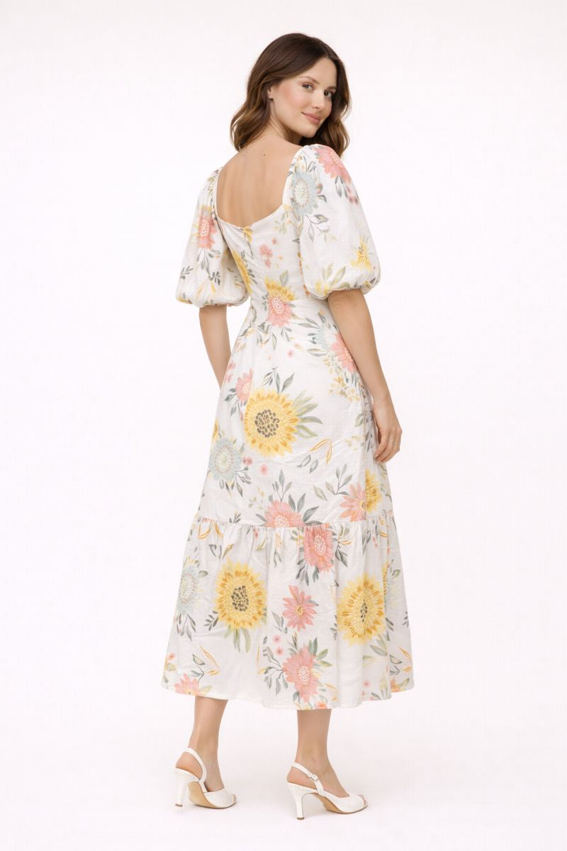 Abito Midi Donna Floreale Scollo Quadrato Maniche a Sbuffo Evasé – Miry