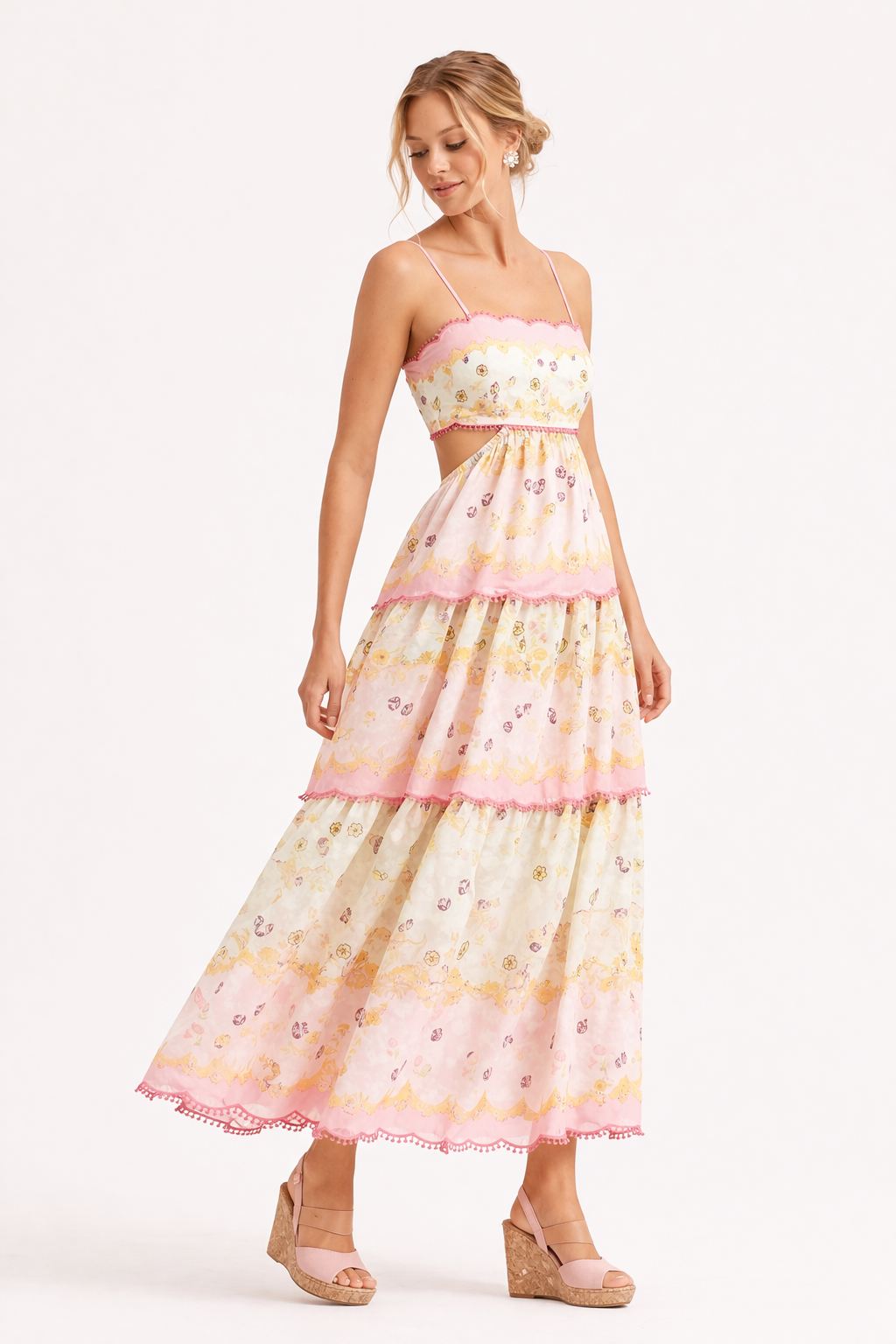 Abito Midi Donna Stampa Colorata Spalline Sottili Gonna a Strati – Michela
