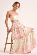 Abito Midi Donna Stampa Colorata Spalline Sottili Gonna a Strati – Michela