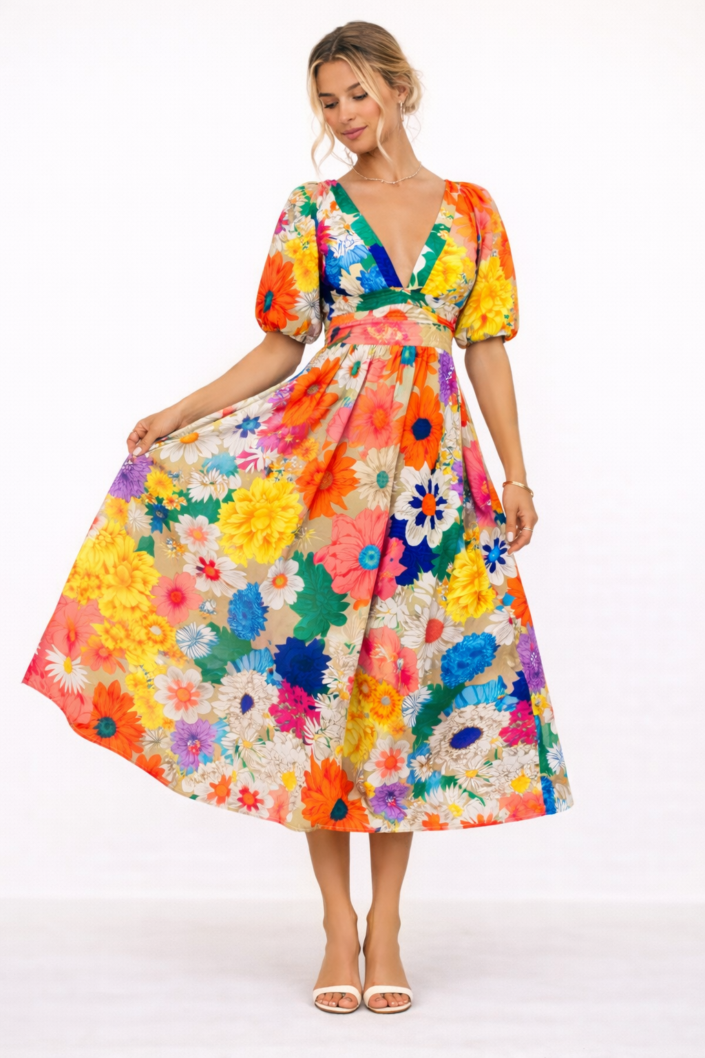Abito Midi Floreale Donna Scollo a V Maniche Corte a Palloncino – Elvian