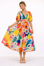 Abito Midi Floreale Donna Scollo a V Maniche Corte a Palloncino – Elvian
