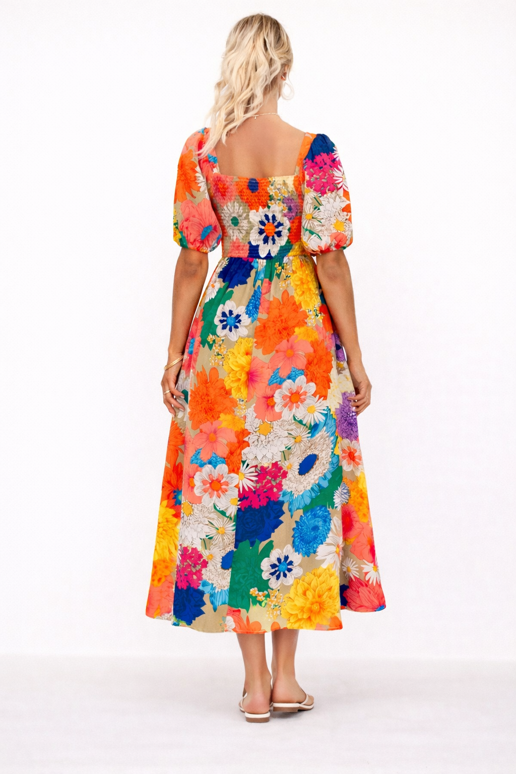 Abito Midi Floreale Donna Scollo a V Maniche Corte a Palloncino – Elvian