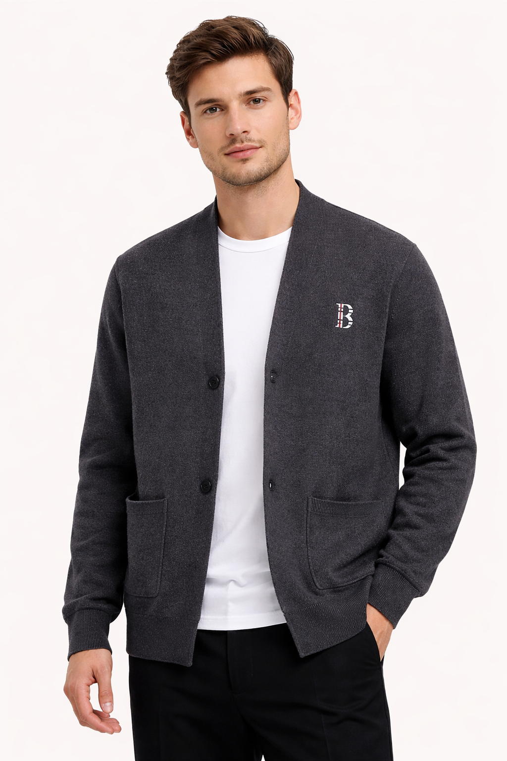 Cardigan Uomo in Tessuto Misto Cotone con Collo Aperto e Chiusura Frontale a Bottoni