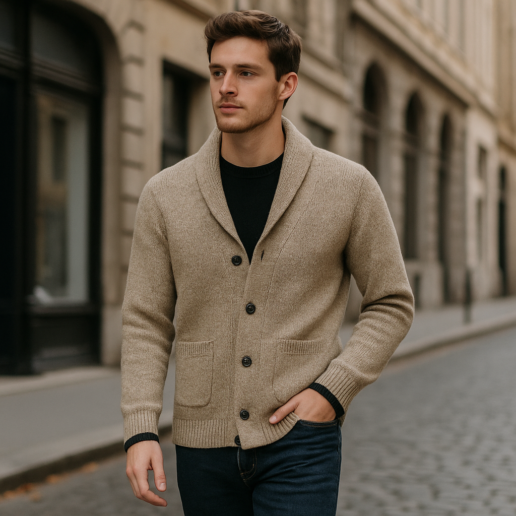 Cardigan in Maglia con Collo Scialle e Bottoni Frontali Rifiniti a Coste e Cuciture Robuste
