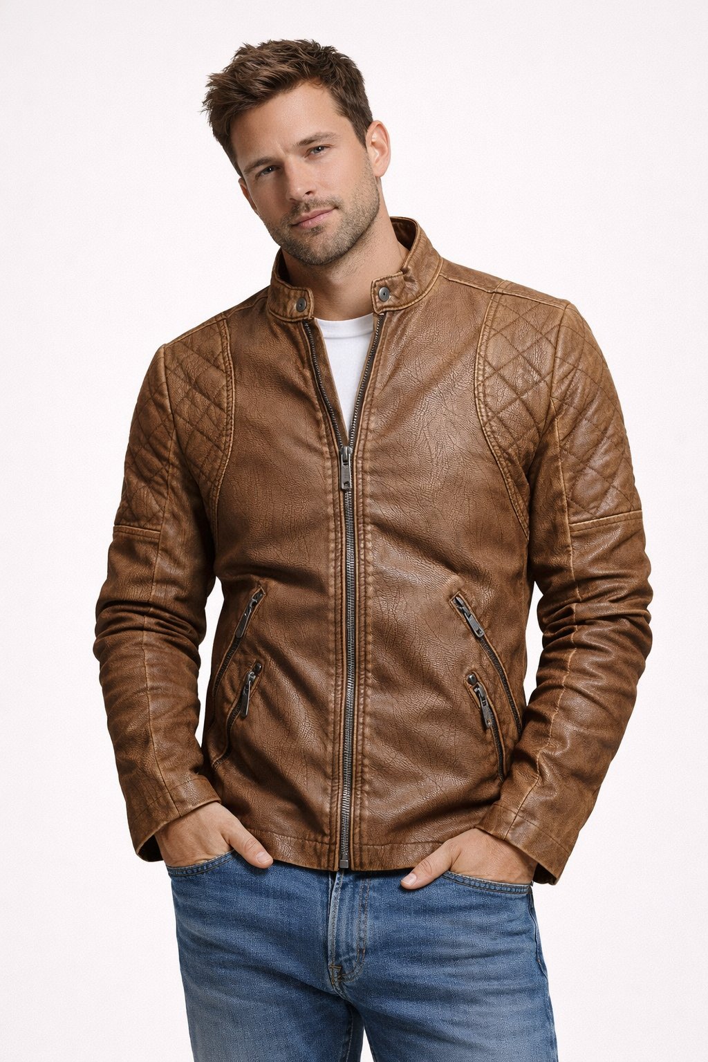 Giacca Biker Casual da Uomo in Pelle Vegana con Chiusura a Zip Resistente Stile Urbano