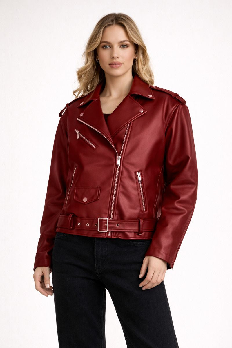 Giacca Biker Donna in Pelle Sintetica con Cinturino e Chiusura Diagonale in Metallo Elegante