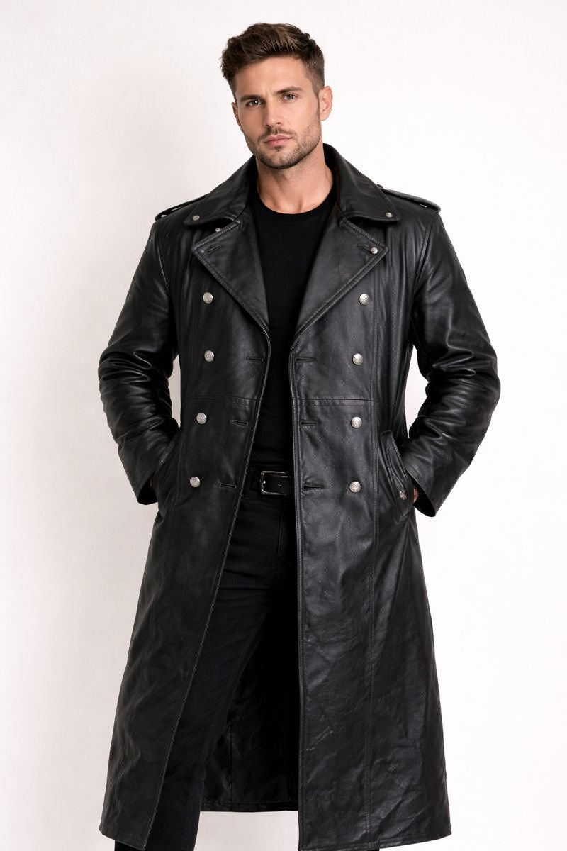 Giacca Biker Lunga da Uomo in Materiale Sintetico con Chiusura Frontale a Bottoni