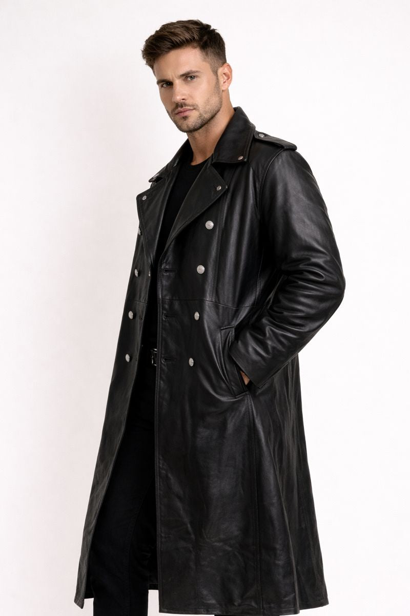 Giacca Biker Lunga da Uomo in Materiale Sintetico con Chiusura Frontale a Bottoni