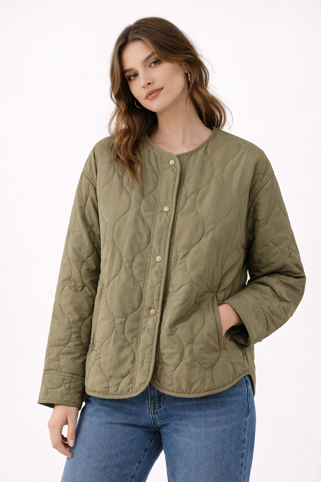 Giacca Donna in Tessuto Trapuntato Leggero con Coste Collo Rotondo Chiusura a Pressione