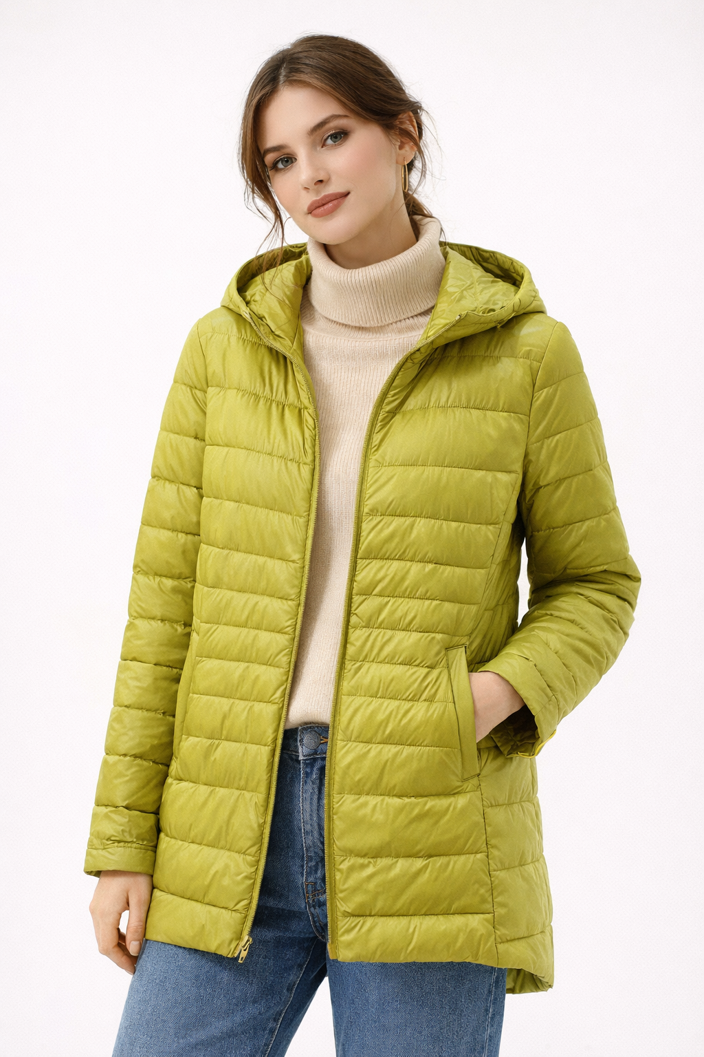 Giacca Imbottita da Donna con Cappuccio Regolabile Fodera Termica Leggera e Taglio Lungo Medio