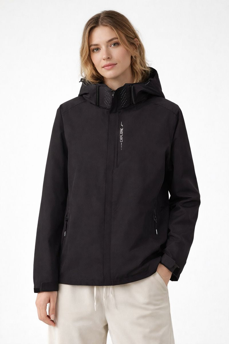 Giacca Sportiva Leggera da Donna con Cappuccio Fisso e Chiusura Frontale Completa in Tessuto Liscio