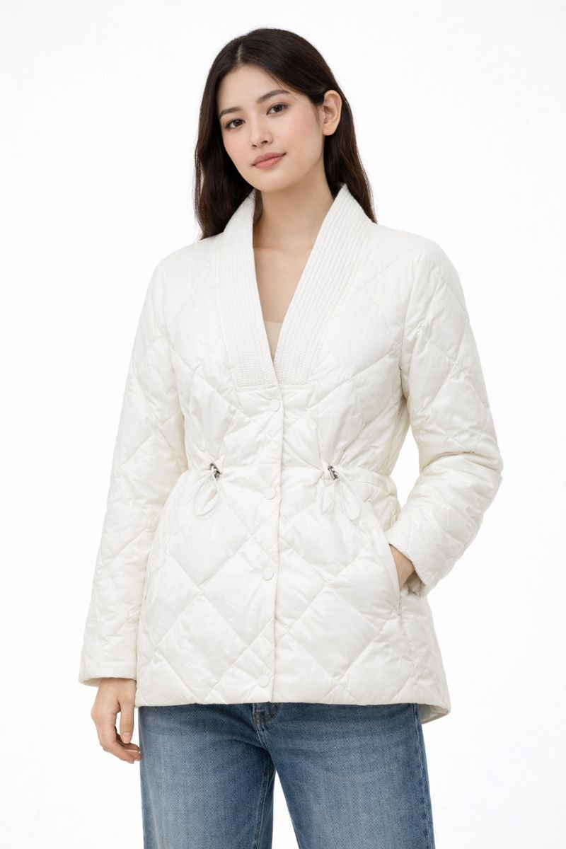 Giacca Imbottita in Tessuto da Donna con Chiusura Frontale a Bottoni e Motivo a Rombi Regolazione Vita