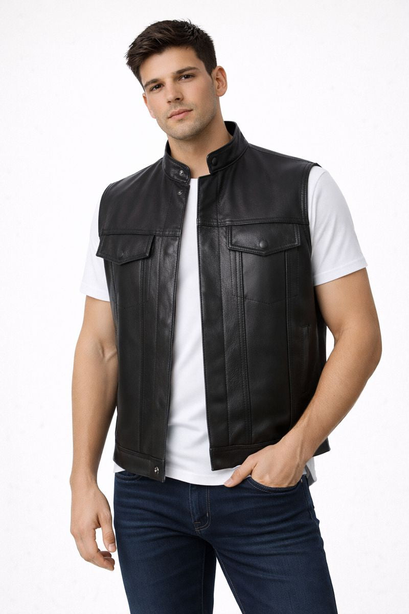 Gilet in Pelle Sintetica da Uomo con Taschini Laterali Pratici Cuciture Resistenti e Stile Biker