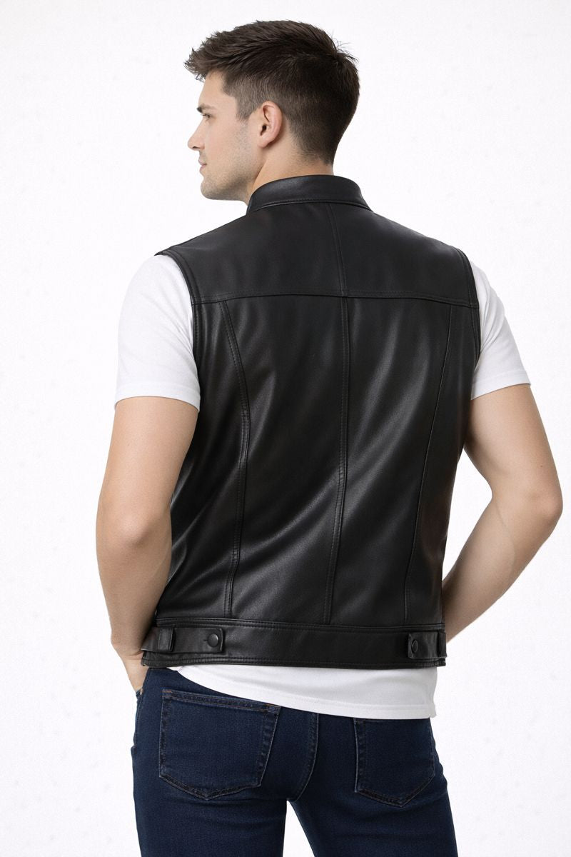 Gilet in Pelle Sintetica da Uomo con Taschini Laterali Pratici Cuciture Resistenti e Stile Biker