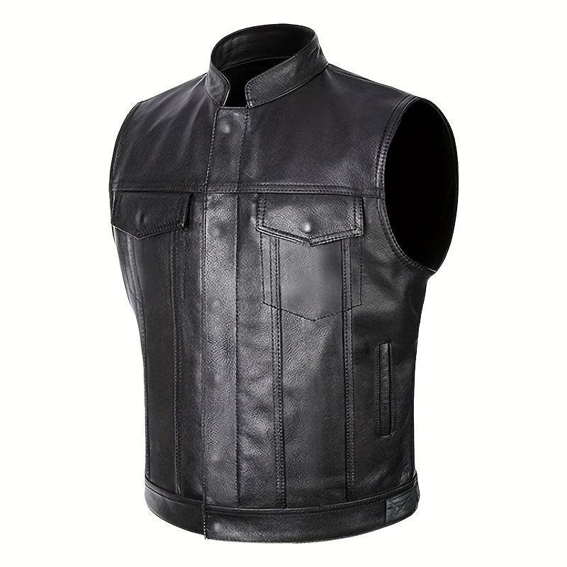 Gilet in Pelle Sintetica da Uomo con Taschini Laterali Pratici Cuciture Resistenti e Stile Biker