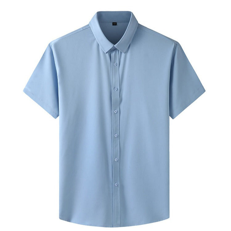 Camicia in Poliestere Elastico a Maniche Corte con Chiusura Frontale a Bottoni e Collo Classico